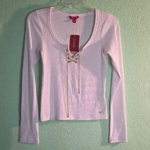 GUESS White Long Sleeve Chain Lace-Up Top